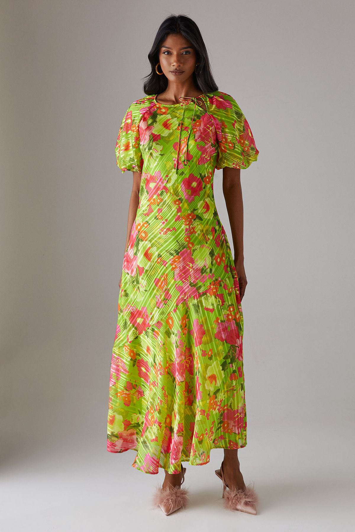 Warehouse Shadow Stripe Tie Neck Bias Midi Dress Floral image 1