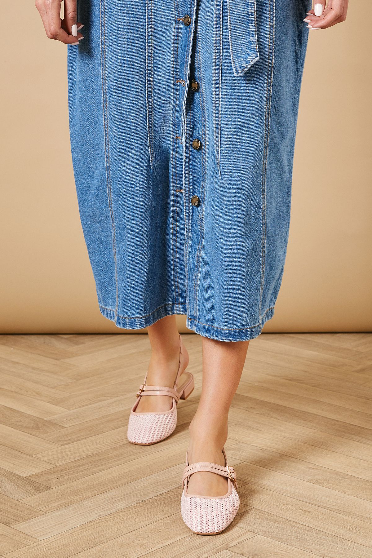 Oasis Peanut Woven Double Mary-Jane Square Toe Slingback Ballet Pumps Blush image 2