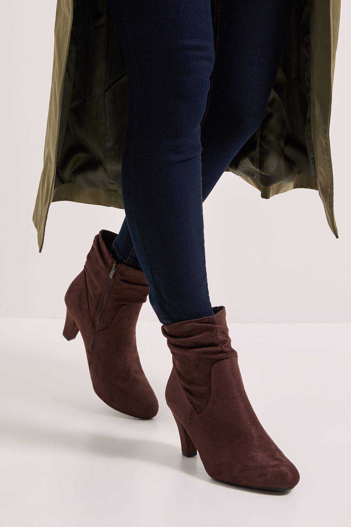 Dorothy Perkins Wide Fit Ally Faux Suede Ruched High Heeled Ankle Boots Brown image 2