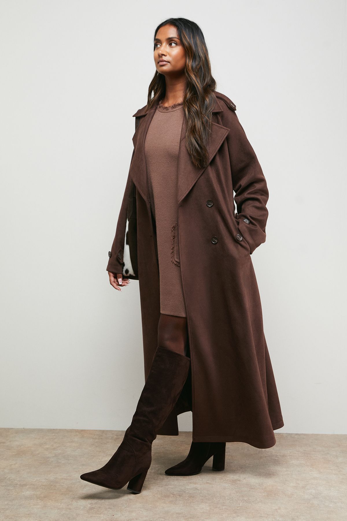 Oasis Cuff Detail Belted Coat Chocolate image 2