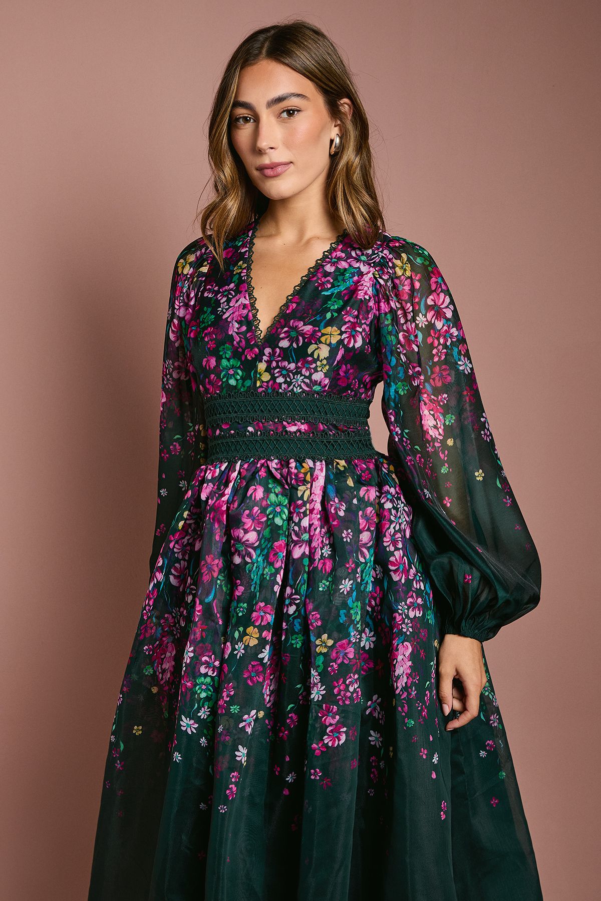 Coast Organza Floral Placement Lace Trim Midaxi Dress Forest image 2