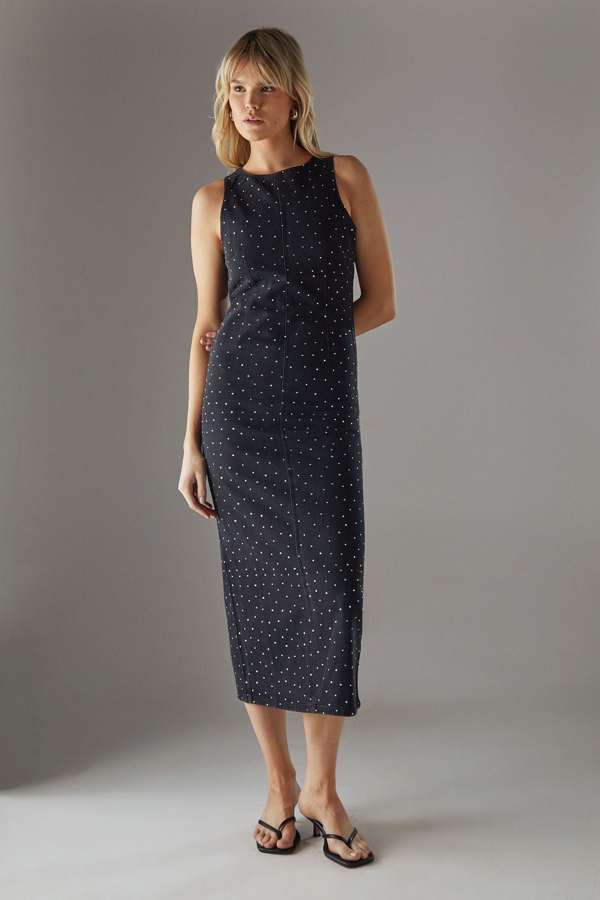 Warehouse Denim All Over Hot Fix Sleeveless Fitted Midi Dress Washed Black image 1