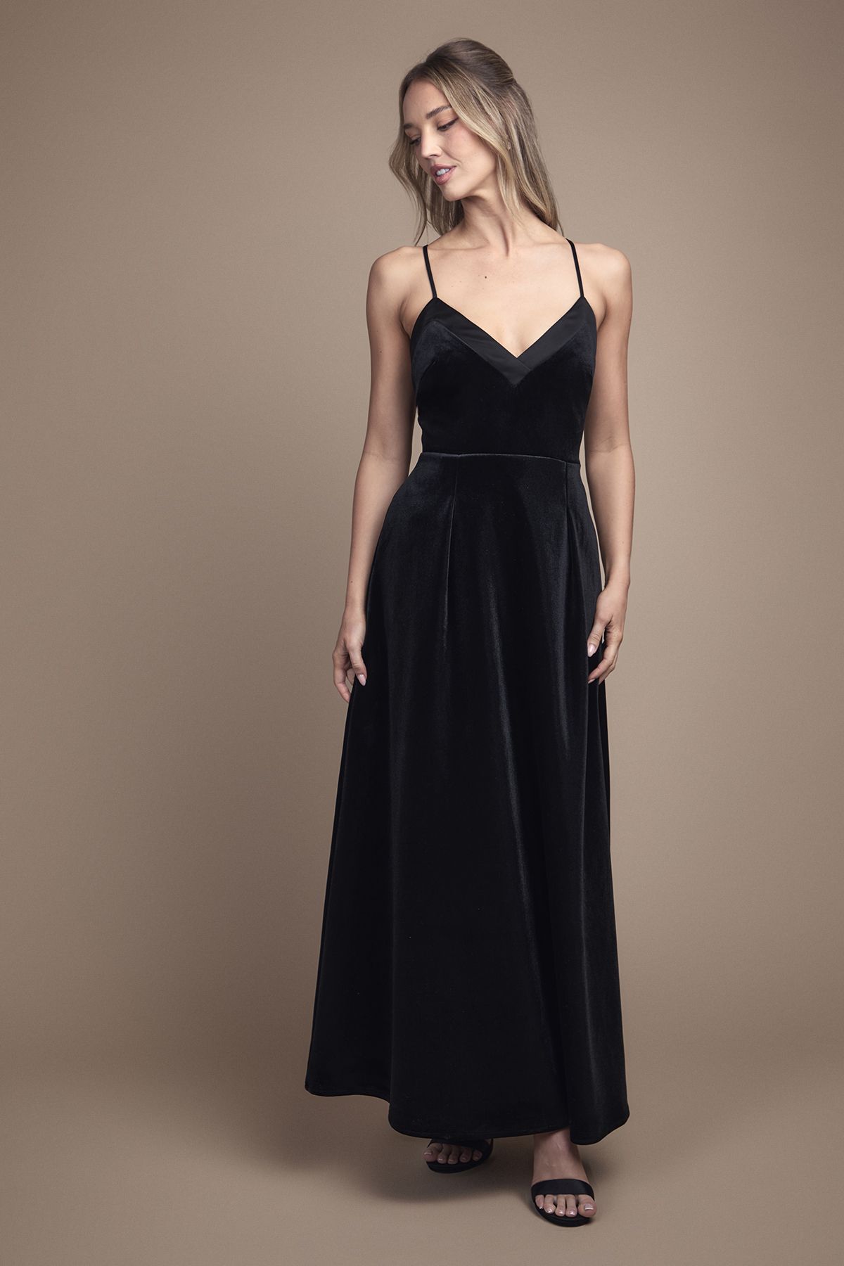 Coast Velvet V Neck Strappy Low Back and Bow Detail Maxi Bridesmaid Dress Black image 1