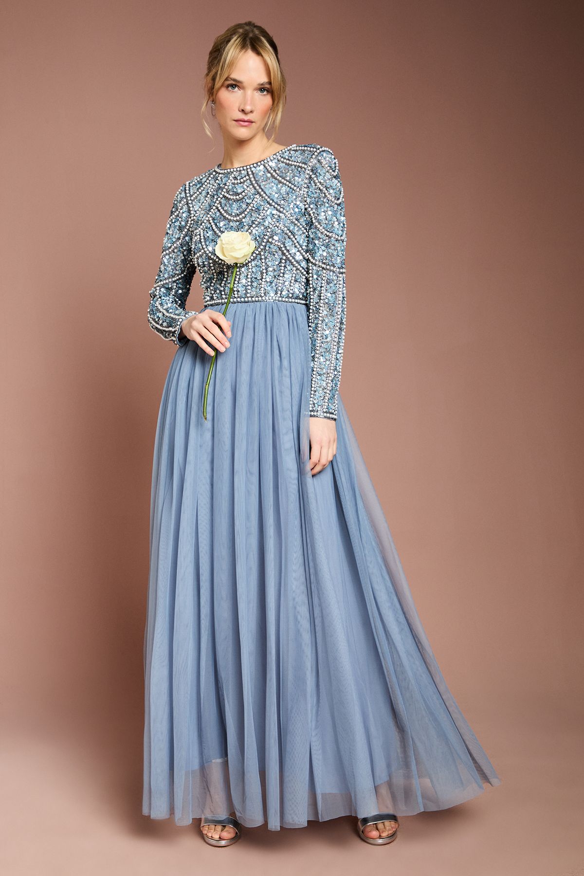 Coast Coast Honoured Long Sleeve Sequin Bodice Tulle Skirt Maxi Bridesmaid Dress Dusty Blue image 1