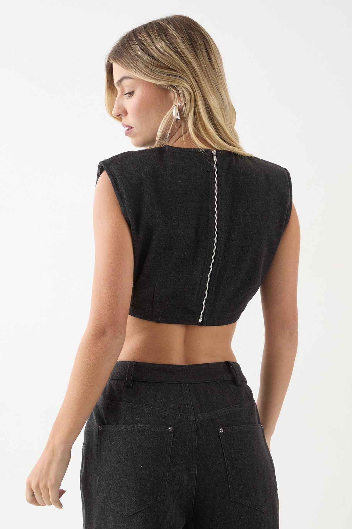 MissPap Denim Embellished Crop Top Black image 3