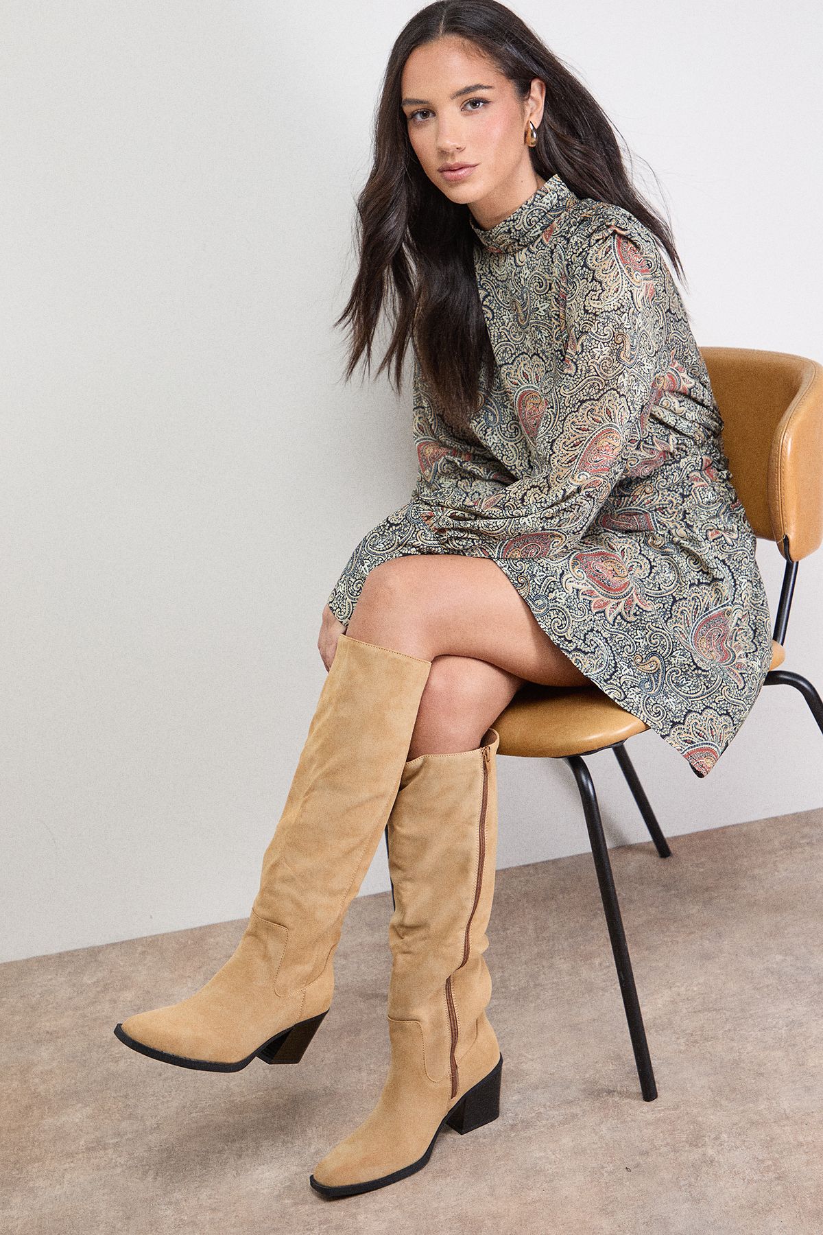 Oasis Ruby Faux Nubuck Leather Western High Block Knee Boot Beige image 2