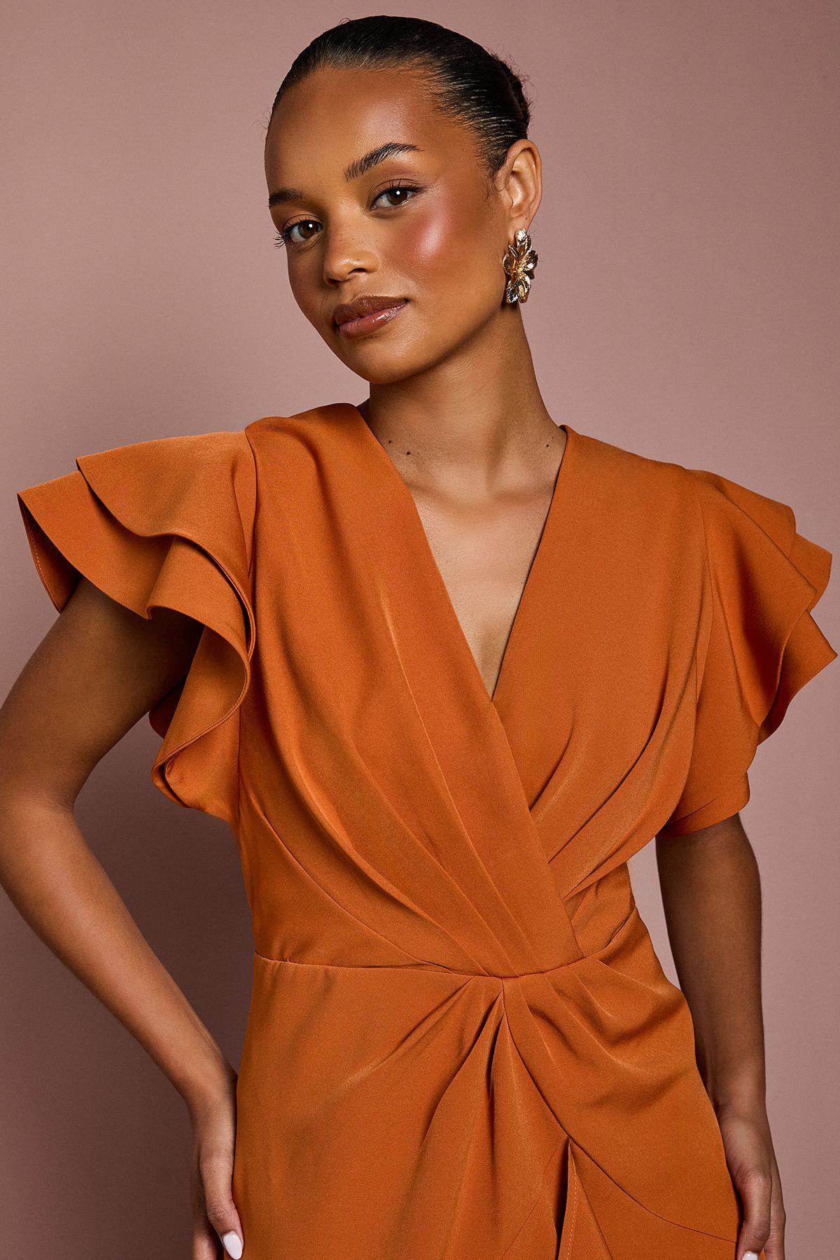 Coast Petite Short Sleeve V Neck Wrap Front Midi Dress Rust image 4