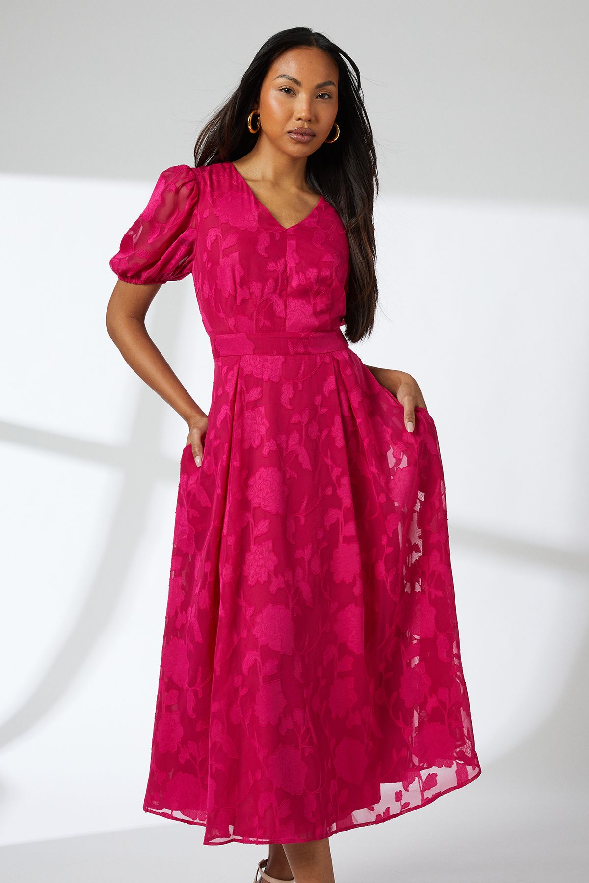 Principles Floral Jacquard Puff Sleeve Midi Dress Pink image 4