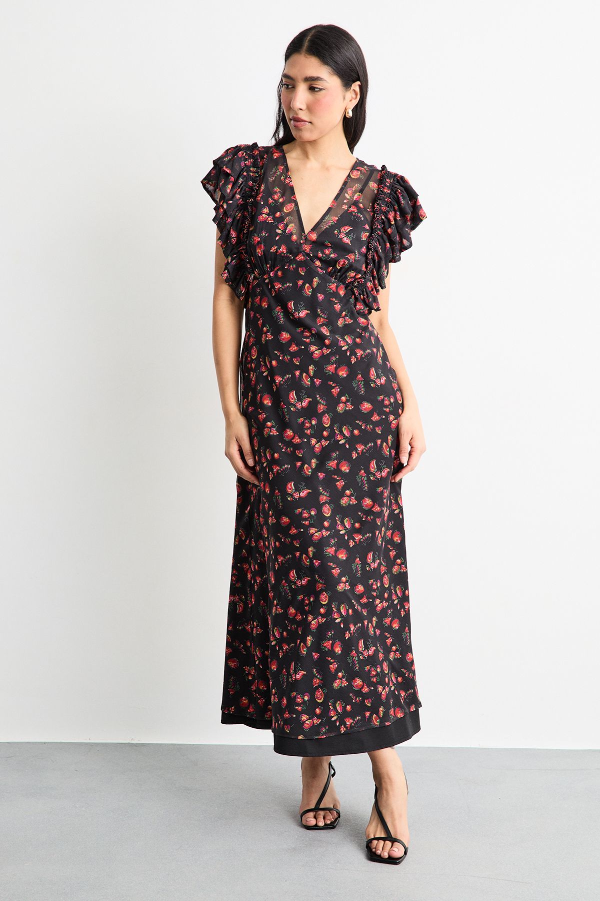 Warehouse Floral Print Ruffled Sleeve V Neck Maxi Dress Black
