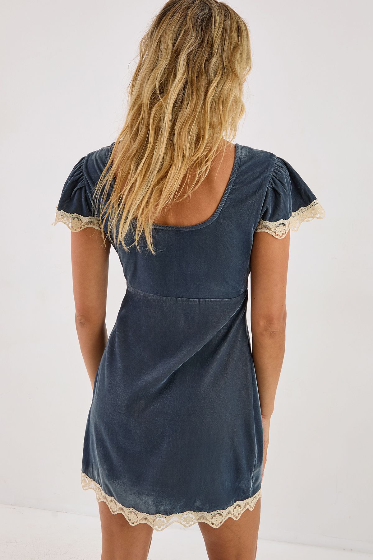 NastyGal Velvet Lace Trim Tie Front Mini Dress Steel image 4