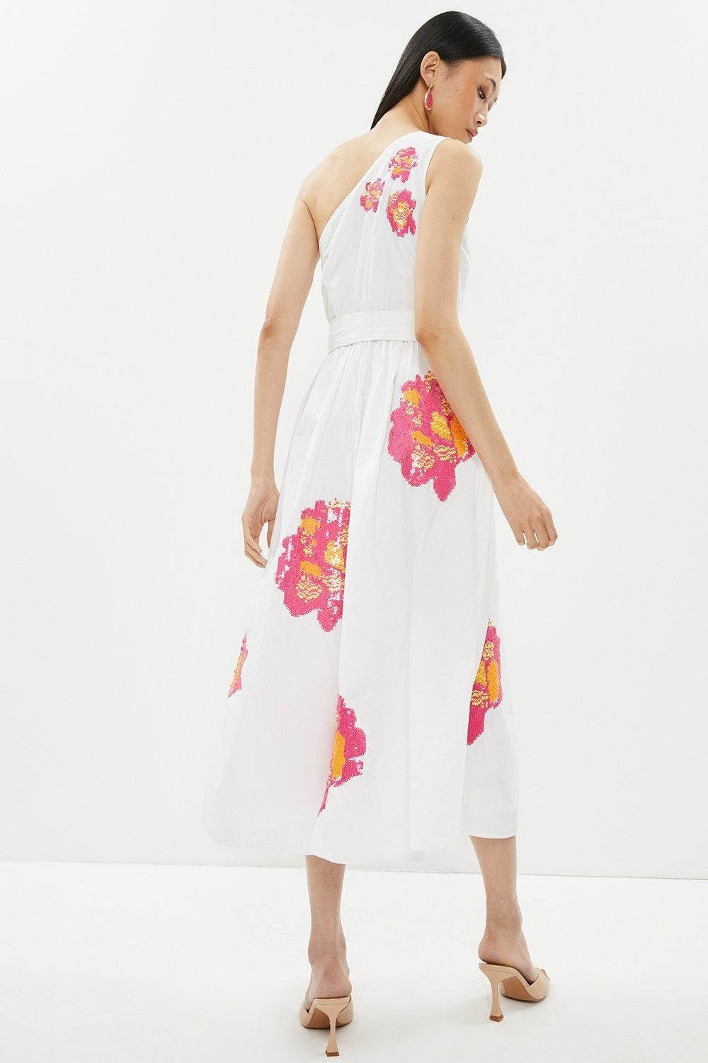 Coast One Shoulder Floral Sequin Poplin Midi Dress With Belt Ivory image 3