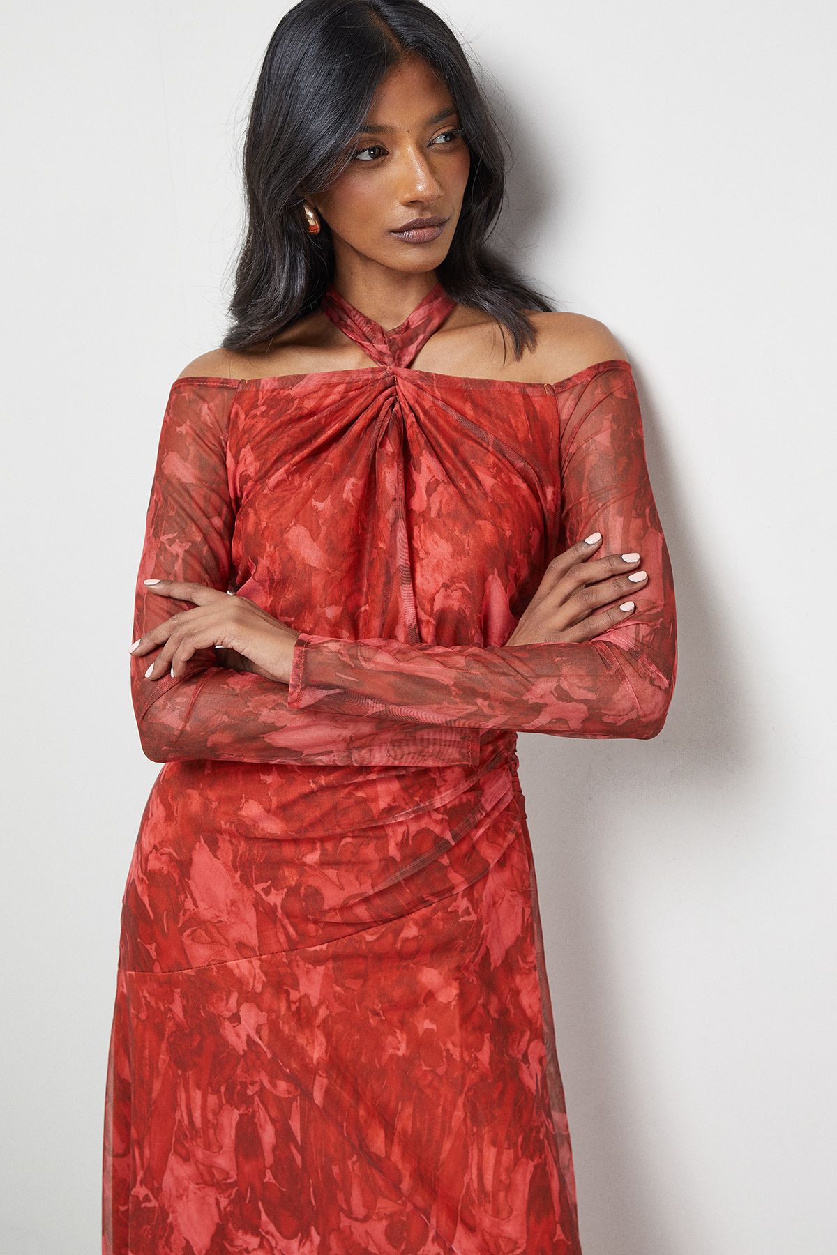 Warehouse Print Twist Mesh Midi Dress Red image 2