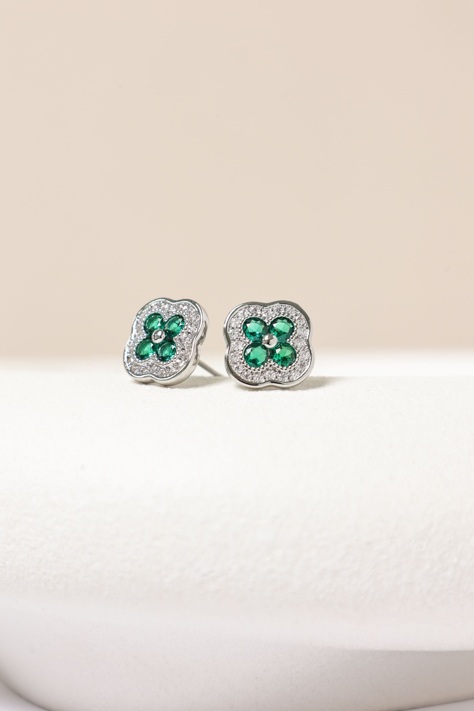 Jon Richard Rhodium Plated Crystal and Emerald Clover Studs image 3