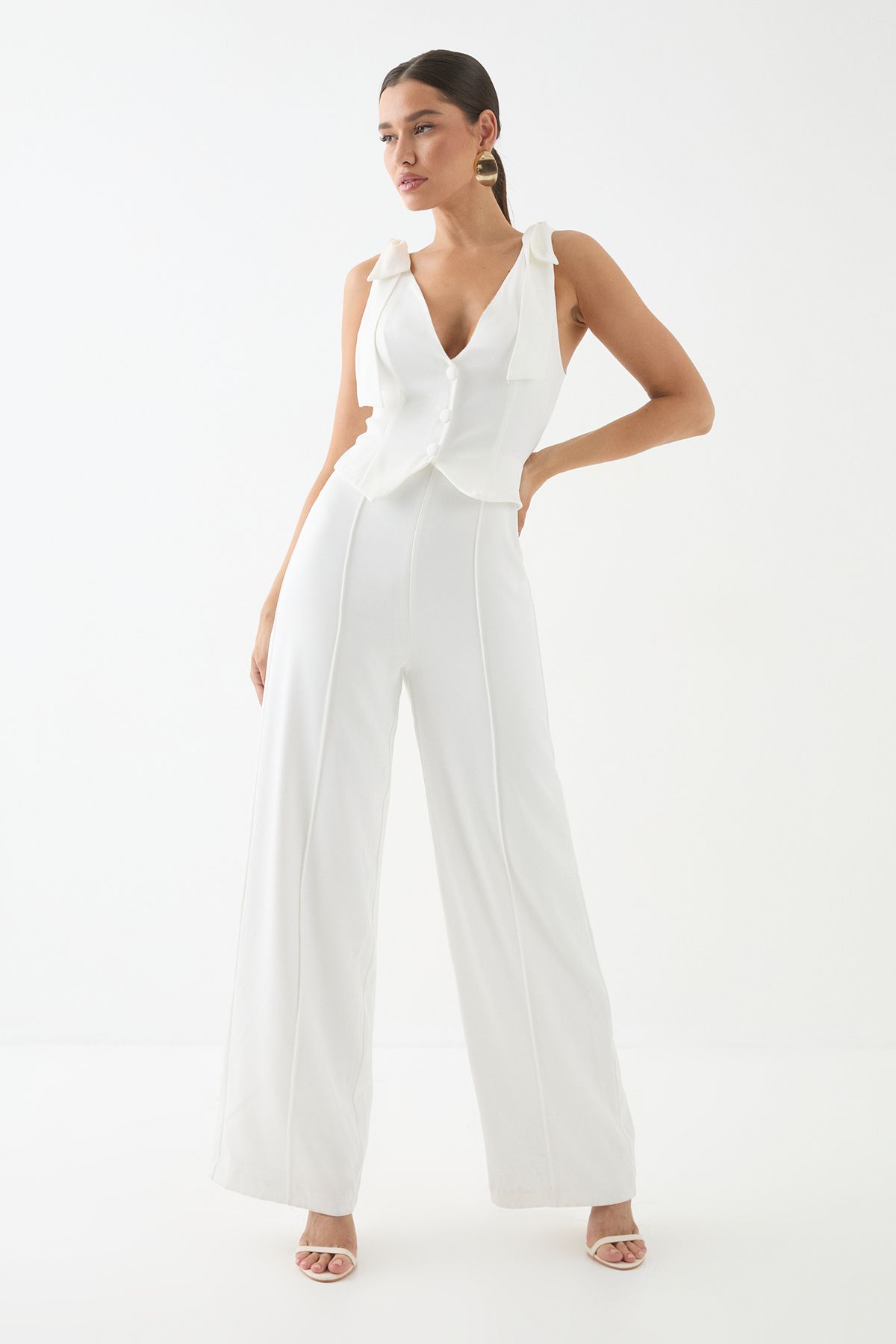 MissPap White Tailored Tie Shoulder Waistcoat Jumpsuit PLT