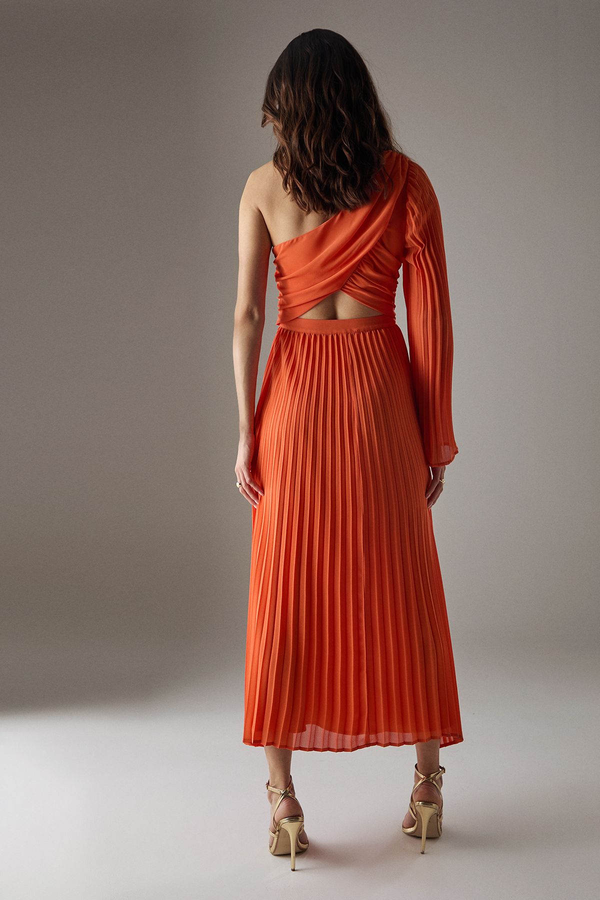 Warehouse Chiffon Pleated One Shoulder Cut Out Midi Dress Orange image 4