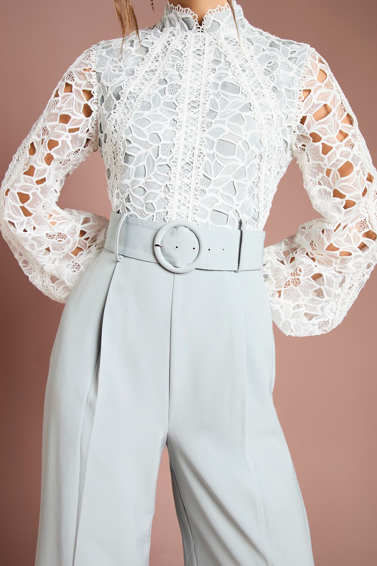 Coast Organza Lace Belted Long Sleeve Jumpsuit Sage image 4