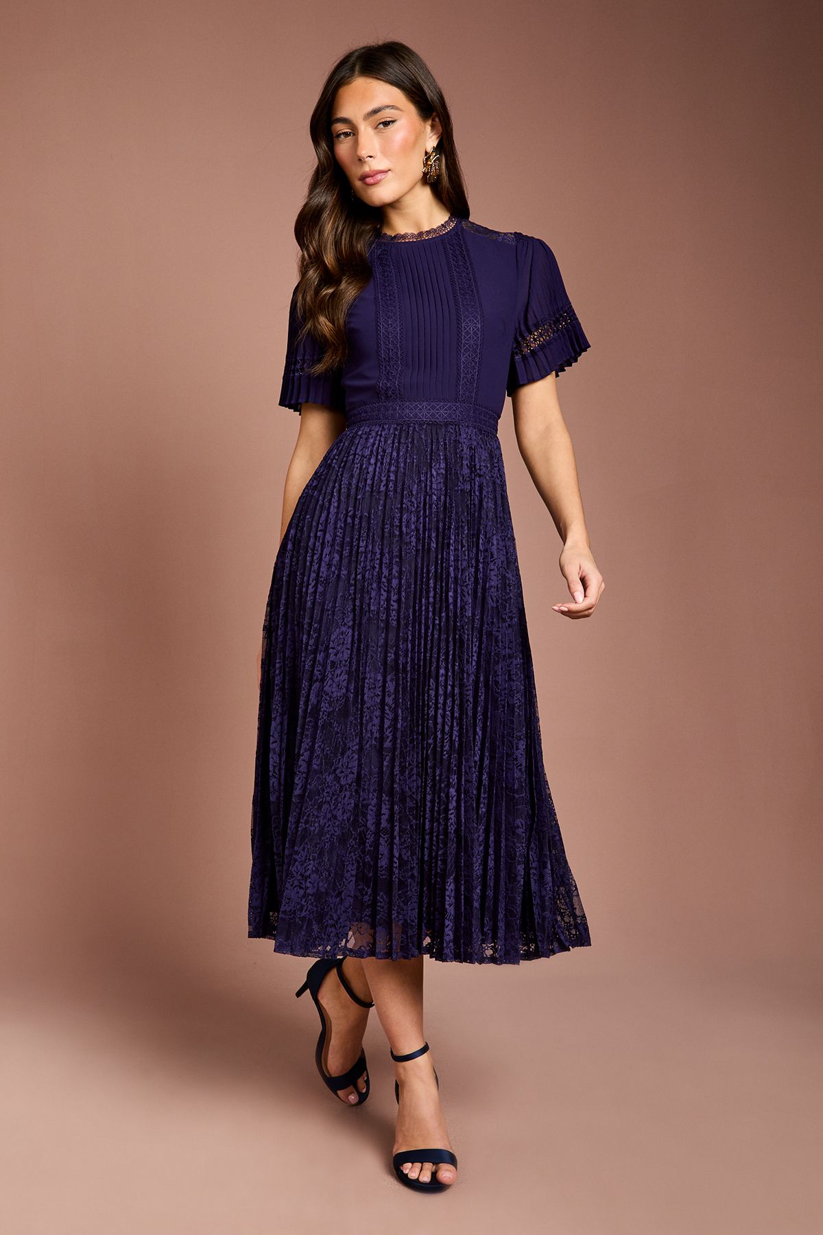 Coast Pleated Lace Midi Dress Navy image 1