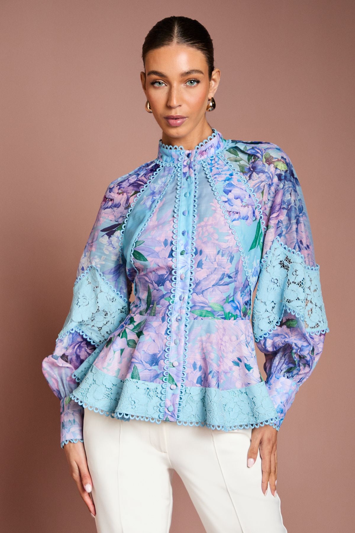 Coast Printed Blouson Sleeve Lace Trim Blouse Blue