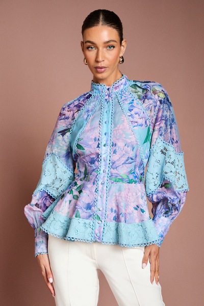 Coast Printed Blouson Sleeve Lace Trim Blouse Blue