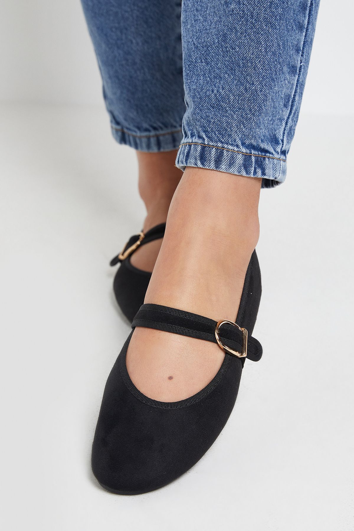 Dorothy Perkins Poppy Faux Suede MaryJane Buckle Ballet Pumps Natural Black image 4