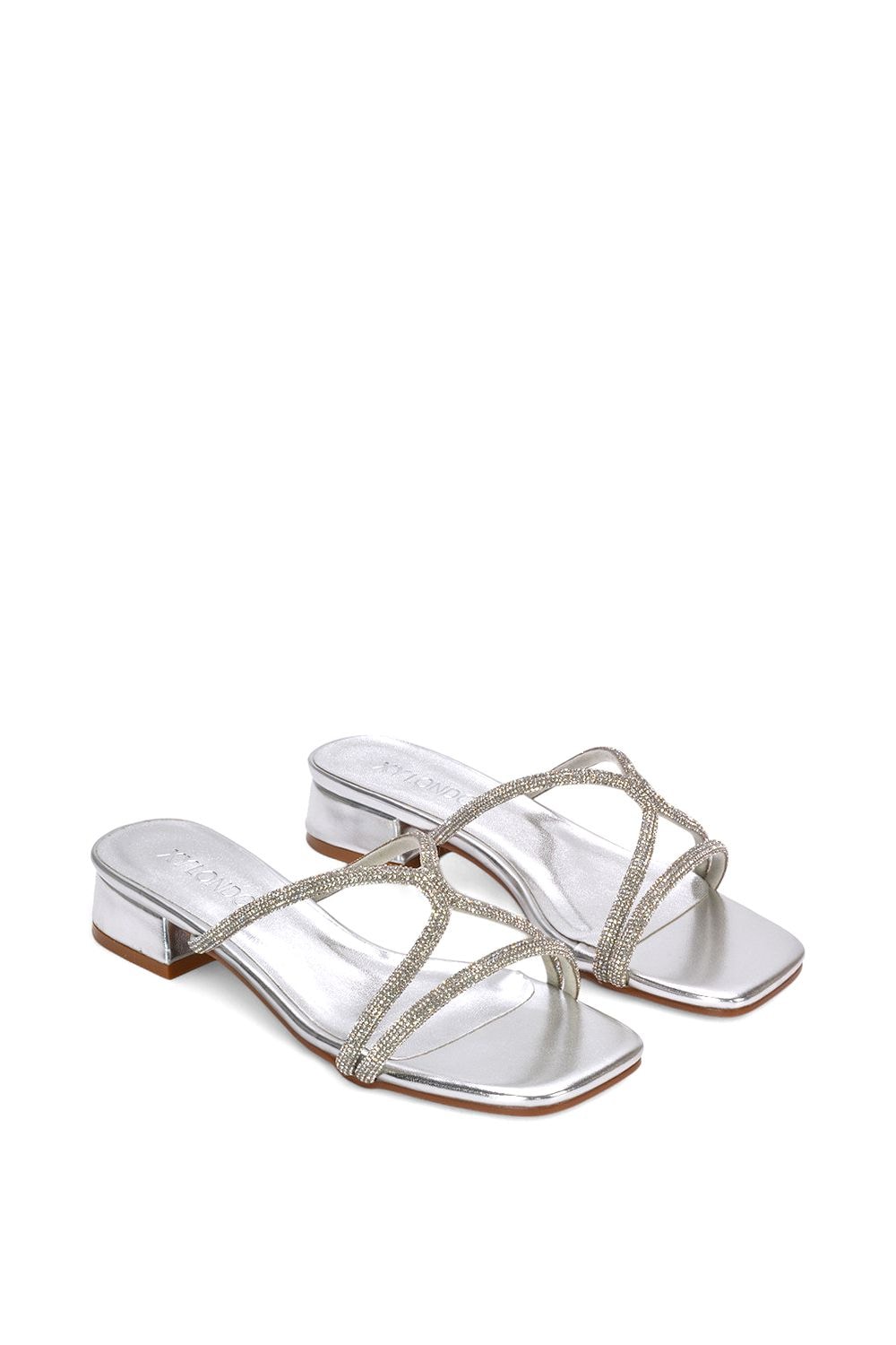 XY London 'Olivia' Strappy Low Block Heel Diamante Sandals With Square Toe image 5