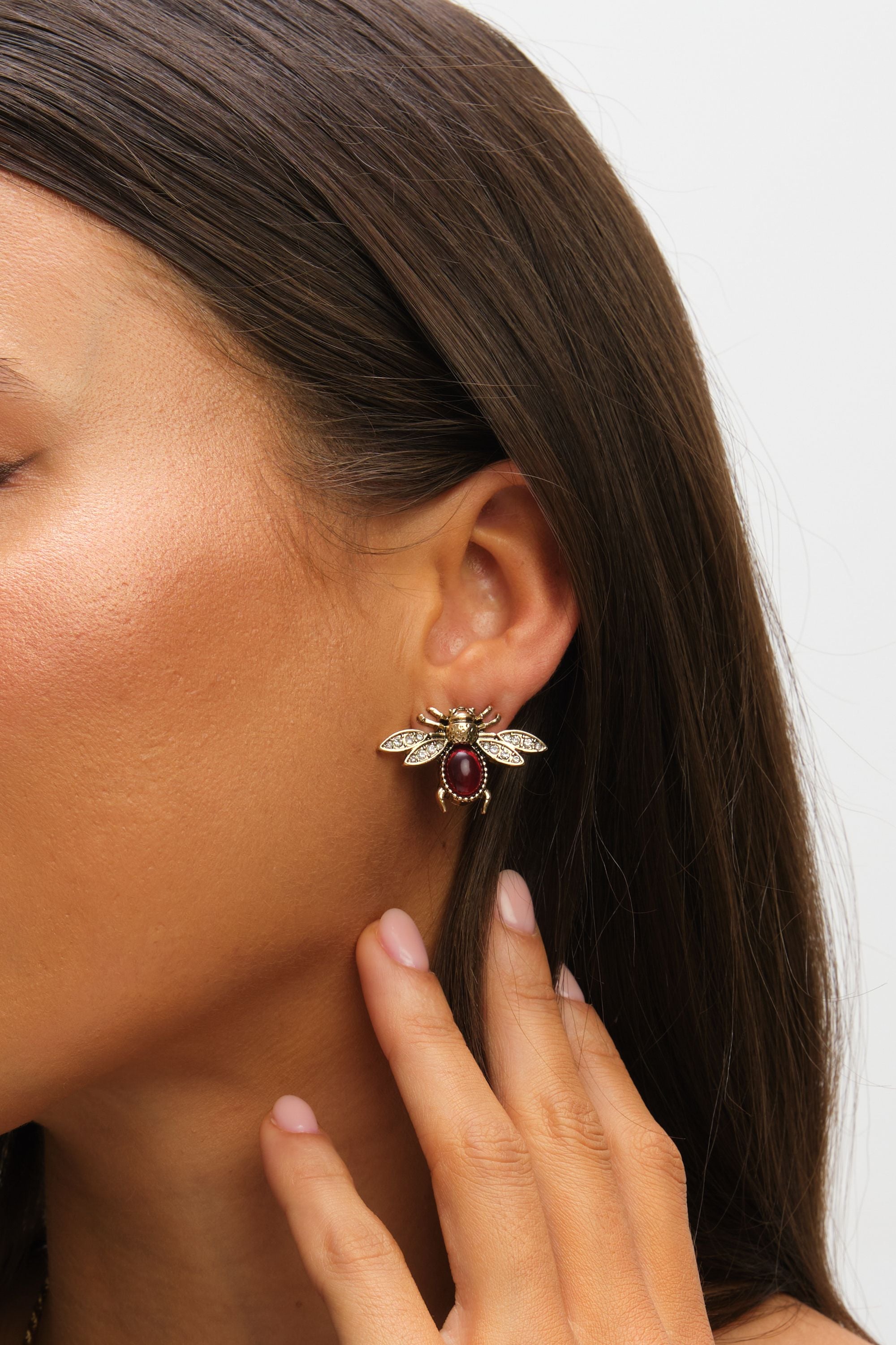 Mood Antique Gold Polished & Red Insect Stud Earrings - Pack of 2 image 3