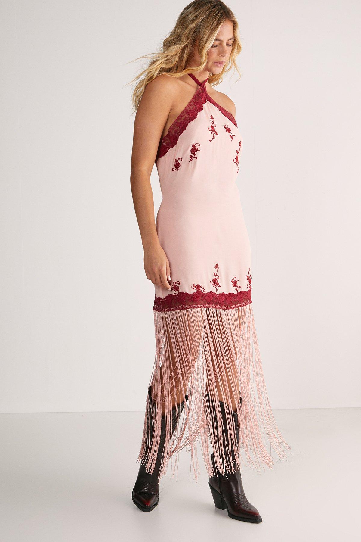 NastyGal Floral Embroidered Lace Trim Halter Neck Fringe Maxi Dress Blush image 2