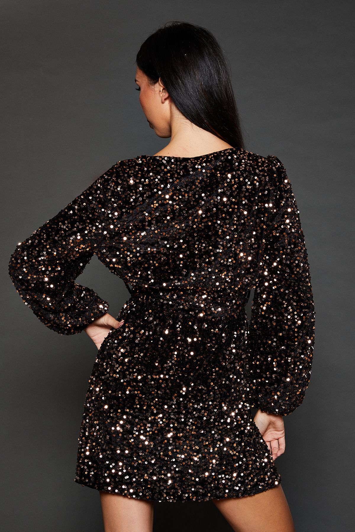Dorothy Perkins Wrap Velvet Sequin Long Sleeve Mini Dress Bronze image 3