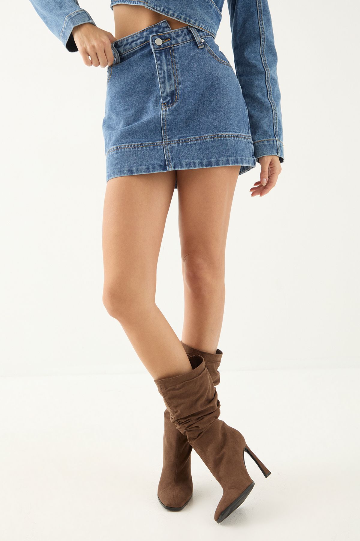 MissPap Asymmetric Hem Denim Mini Skirt Mid Wash image 4