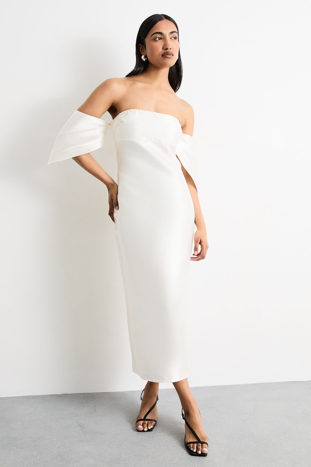 Warehouse Structured Puff Sleeve Bardot Midi Dress Ivory