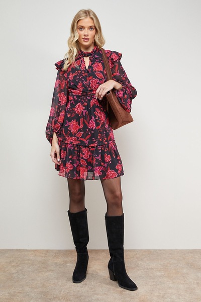 Oasis Printed Ruched High Neck Mini Fit And Flare Dress Floral