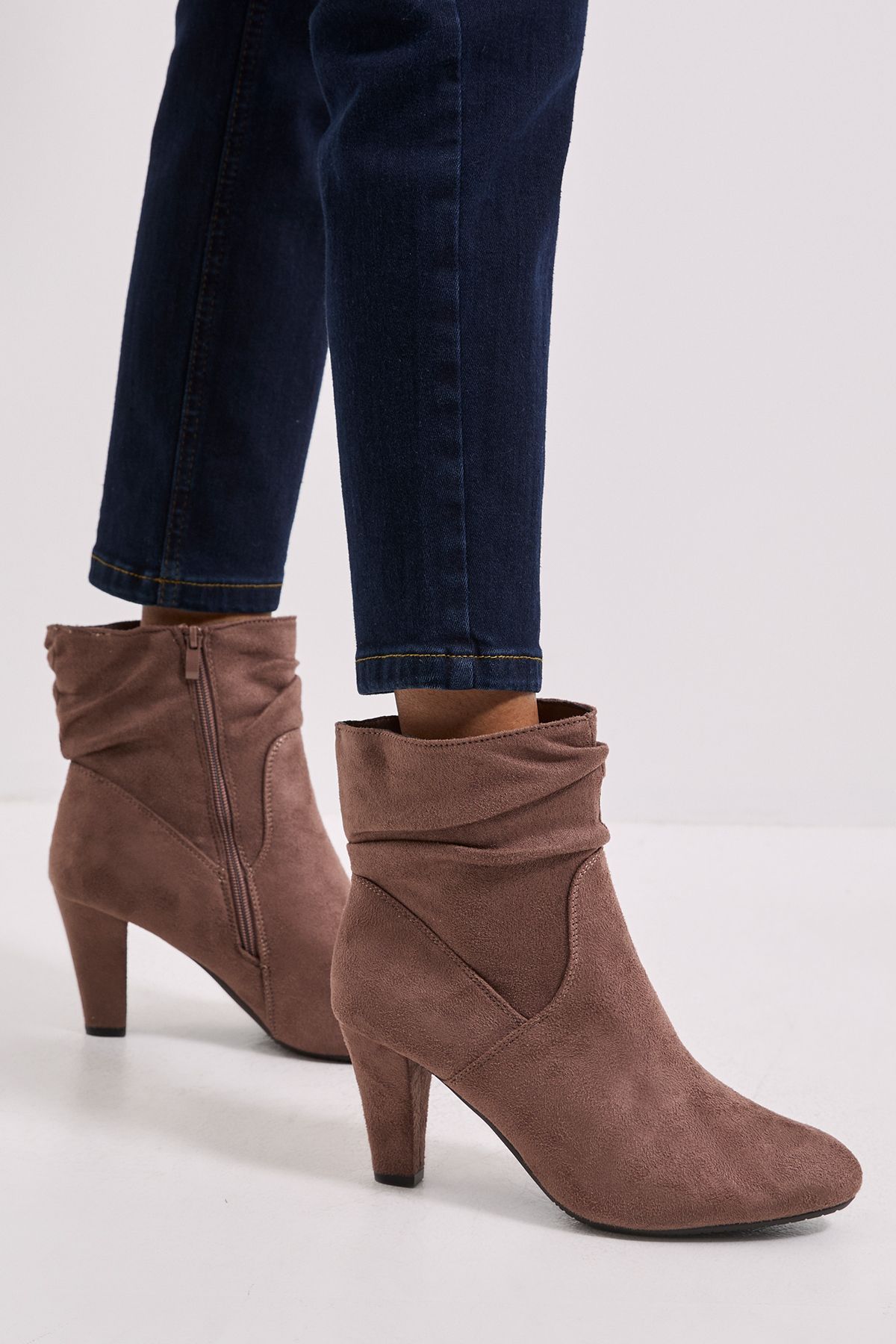 Dorothy Perkins Wide Fit Ally Faux Suede Ruched High Heeled Ankle Boots Taupe image 3