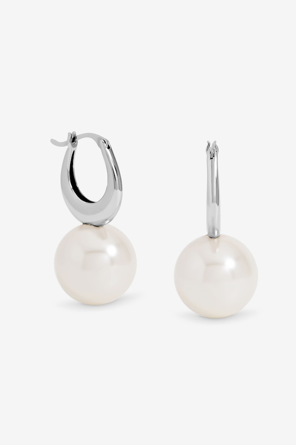 Jon Richard Rhodium Plated Polished and Pearl Hoop Earrings