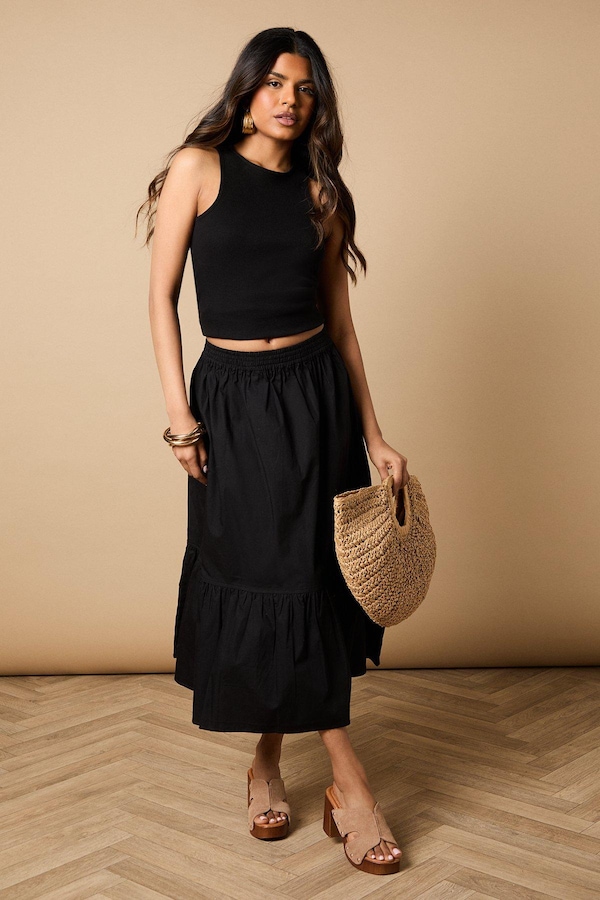 Oasis Petite Poplin Midi Skirt Black