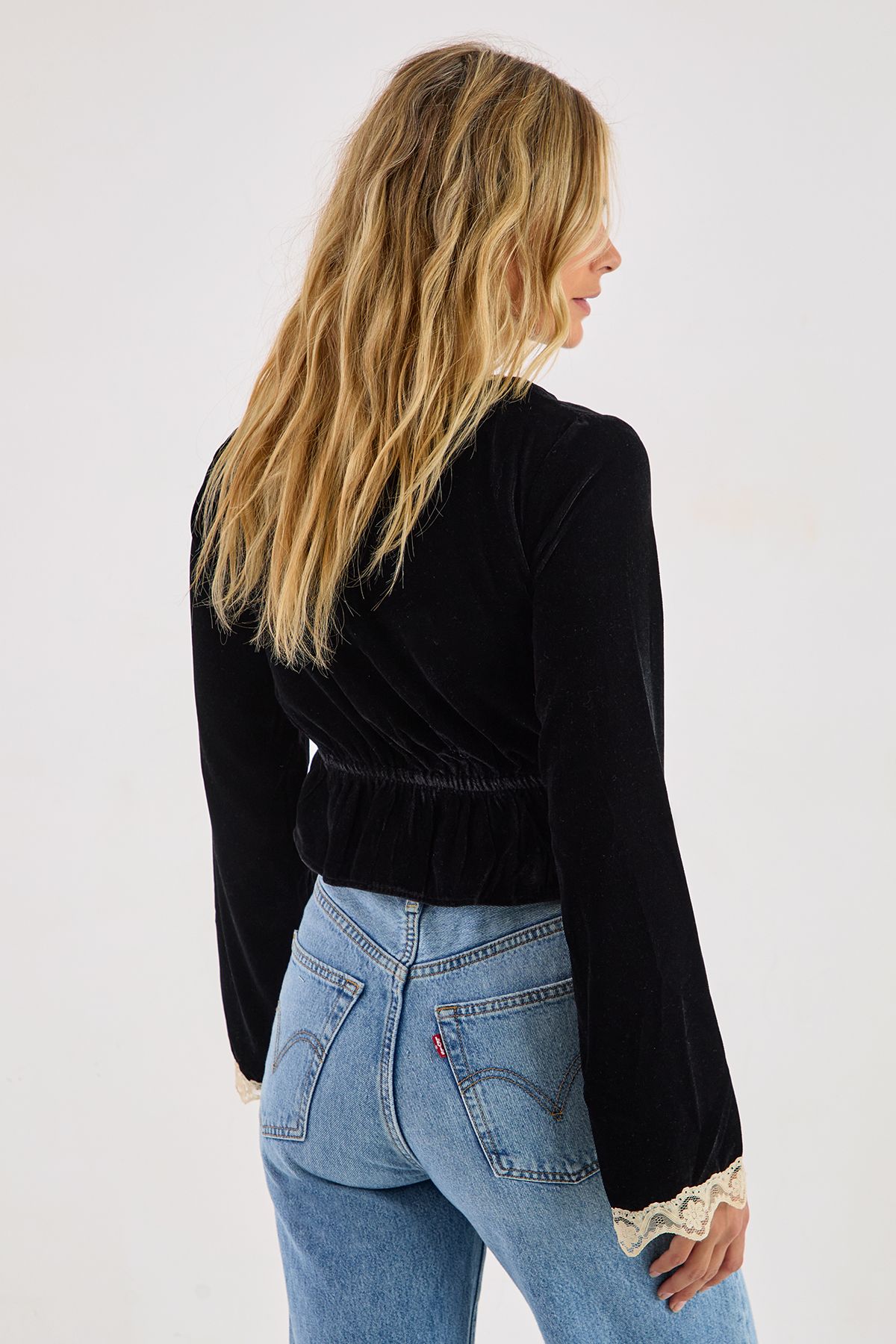 NastyGal Velvet Lace Trim Tie Front Long Sleeve Top Black image 4