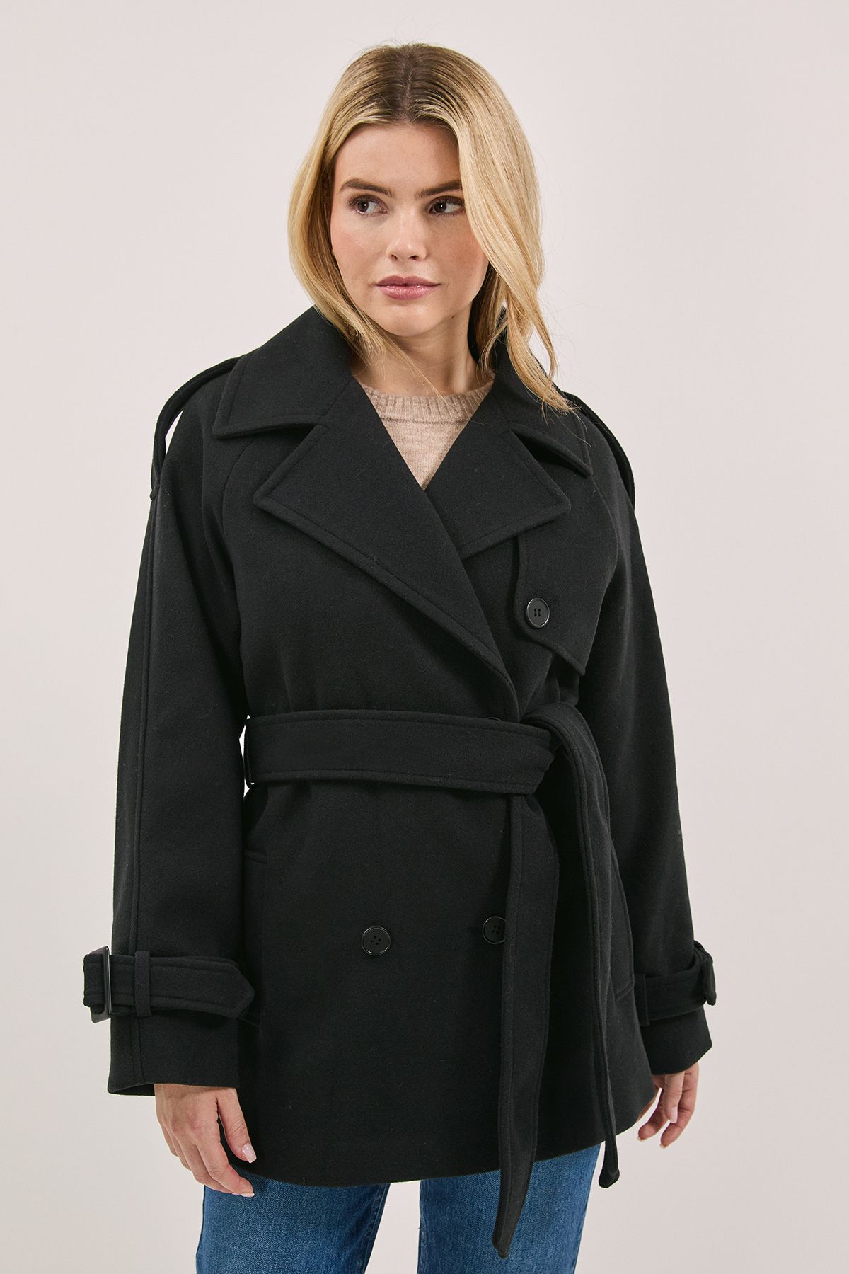 Dorothy Perkins Short Belted Coat Black image 1