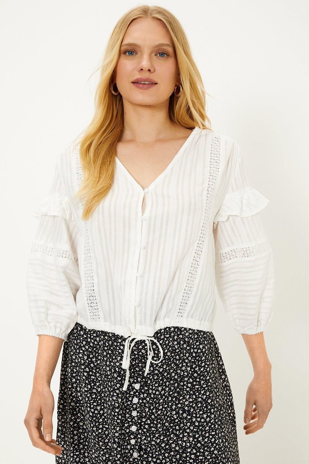 Oasis Lace Trim Insert Frill Button Through Blouse White image 1
