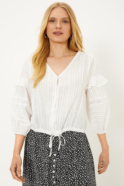 Oasis Lace Trim Insert Frill Button Through Blouse White