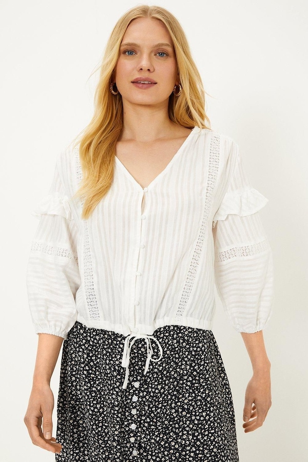 Oasis Lace Trim Insert Frill Button Through Blouse White