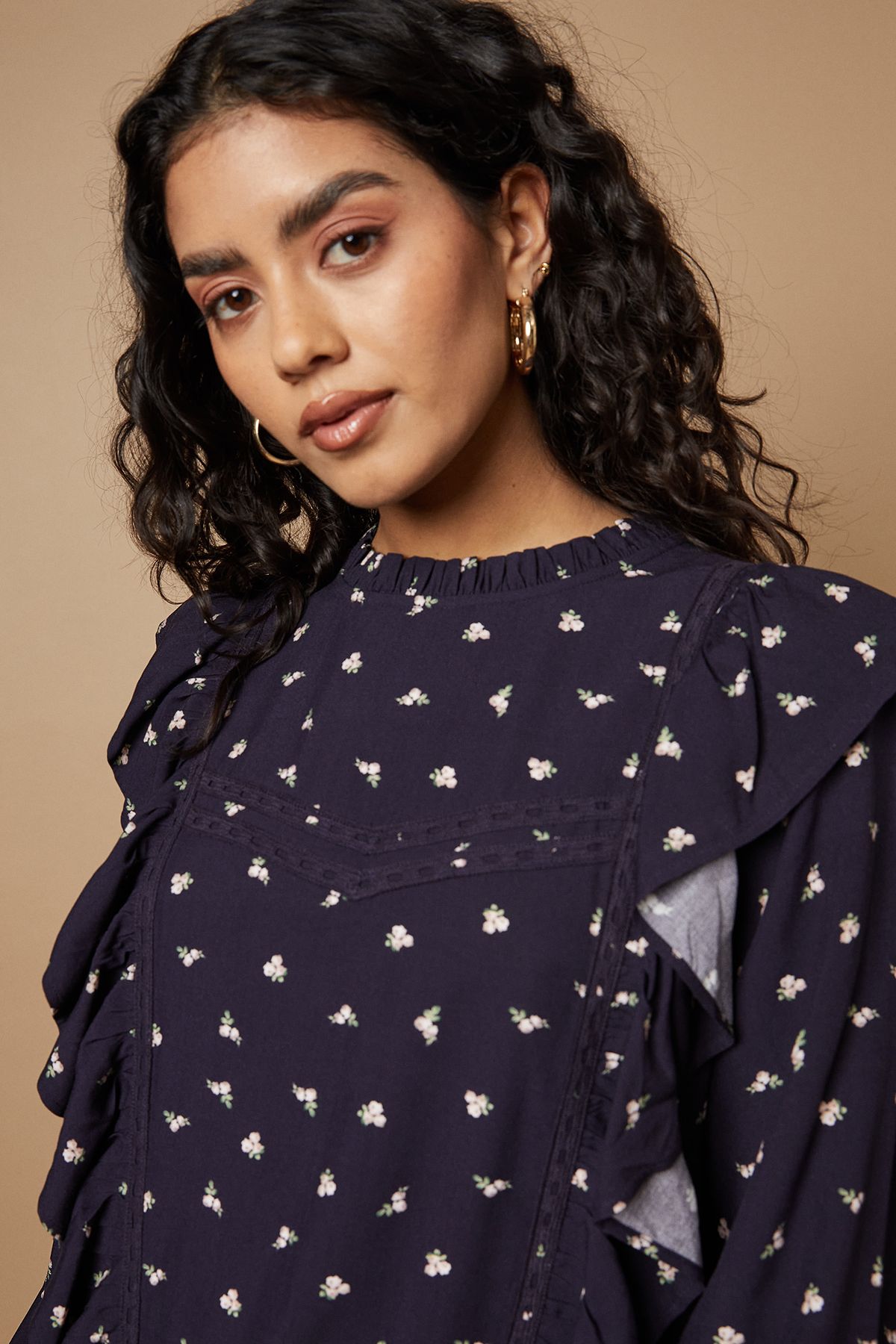 Oasis Petite Ditsy Printed Ruffle Lace Trim Mini Dress Navy image 4