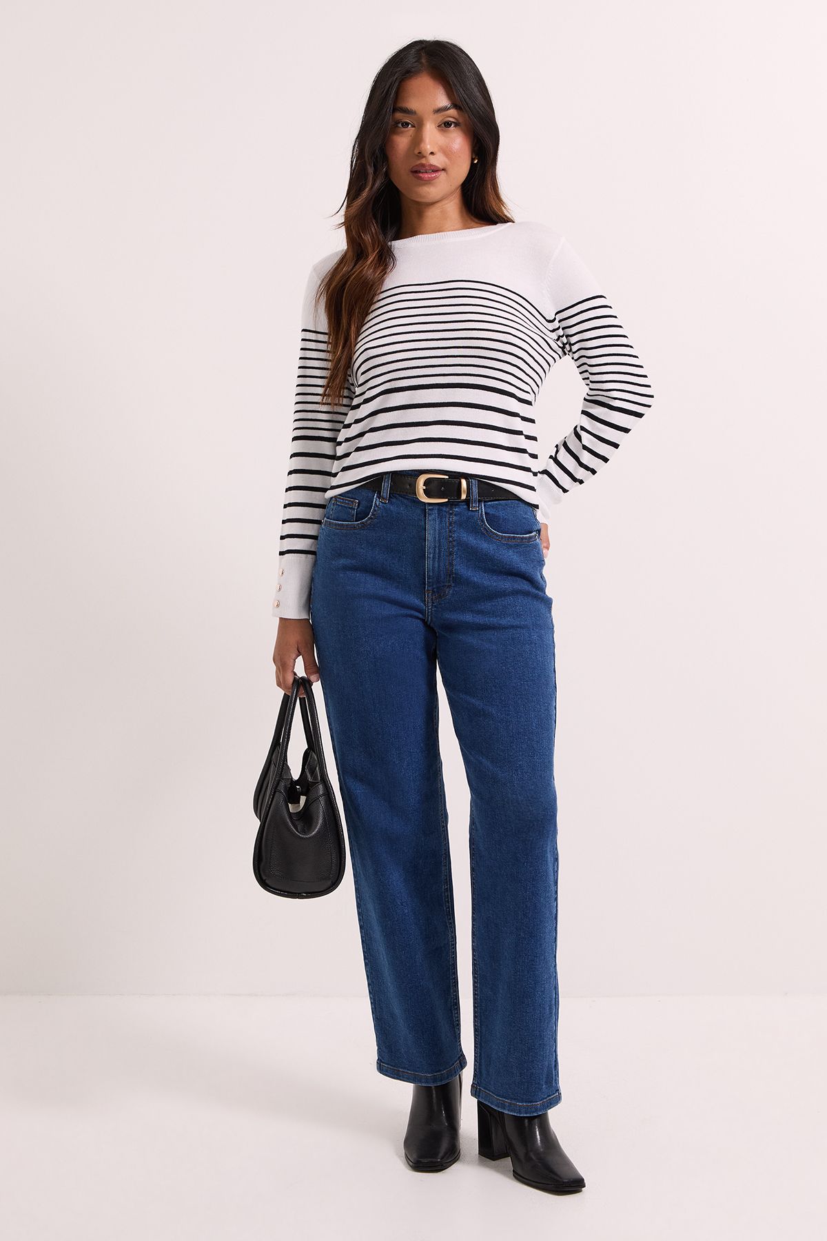 Dorothy Perkins Petite Stripe Crew Neck Button Cuff Jumper Stripe image 1