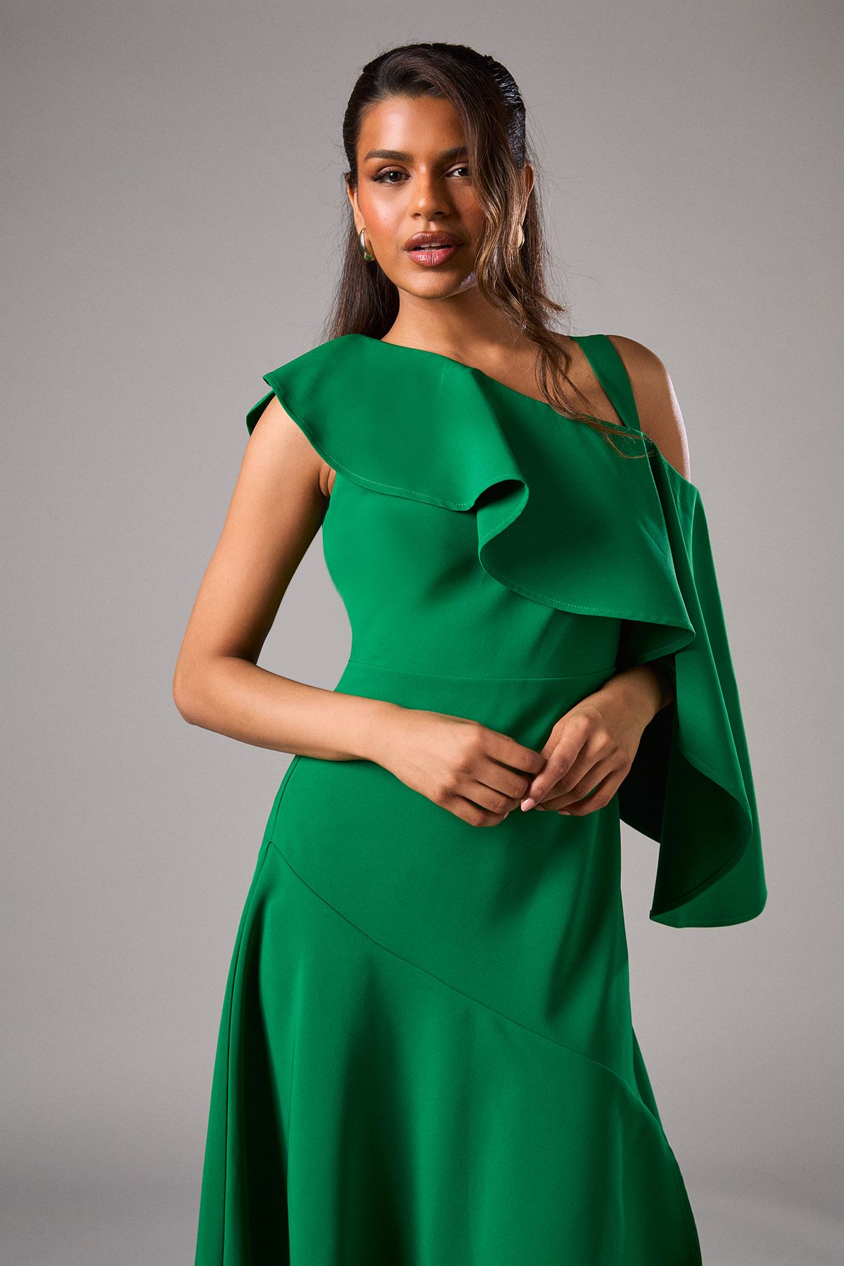 Coast Petite One Shoulder Ruffle Crepe Midi Wedding Guest Dress Emerald image 2