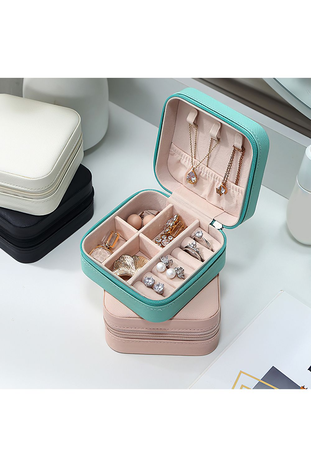 SHEONLY Blue Compact Portable PU Leather Jewellery Box image 2