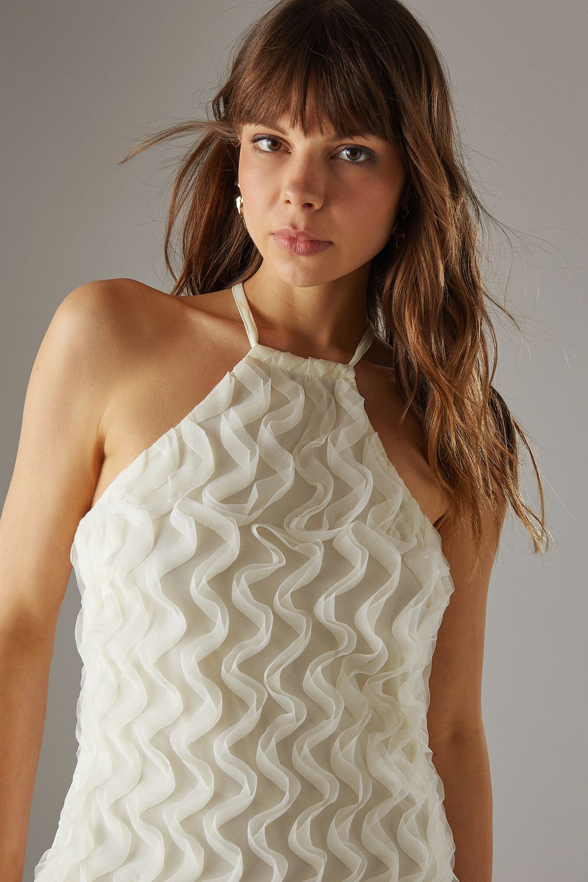 Warehouse Hen Fluffy Halter Mini Dress Cream image 2