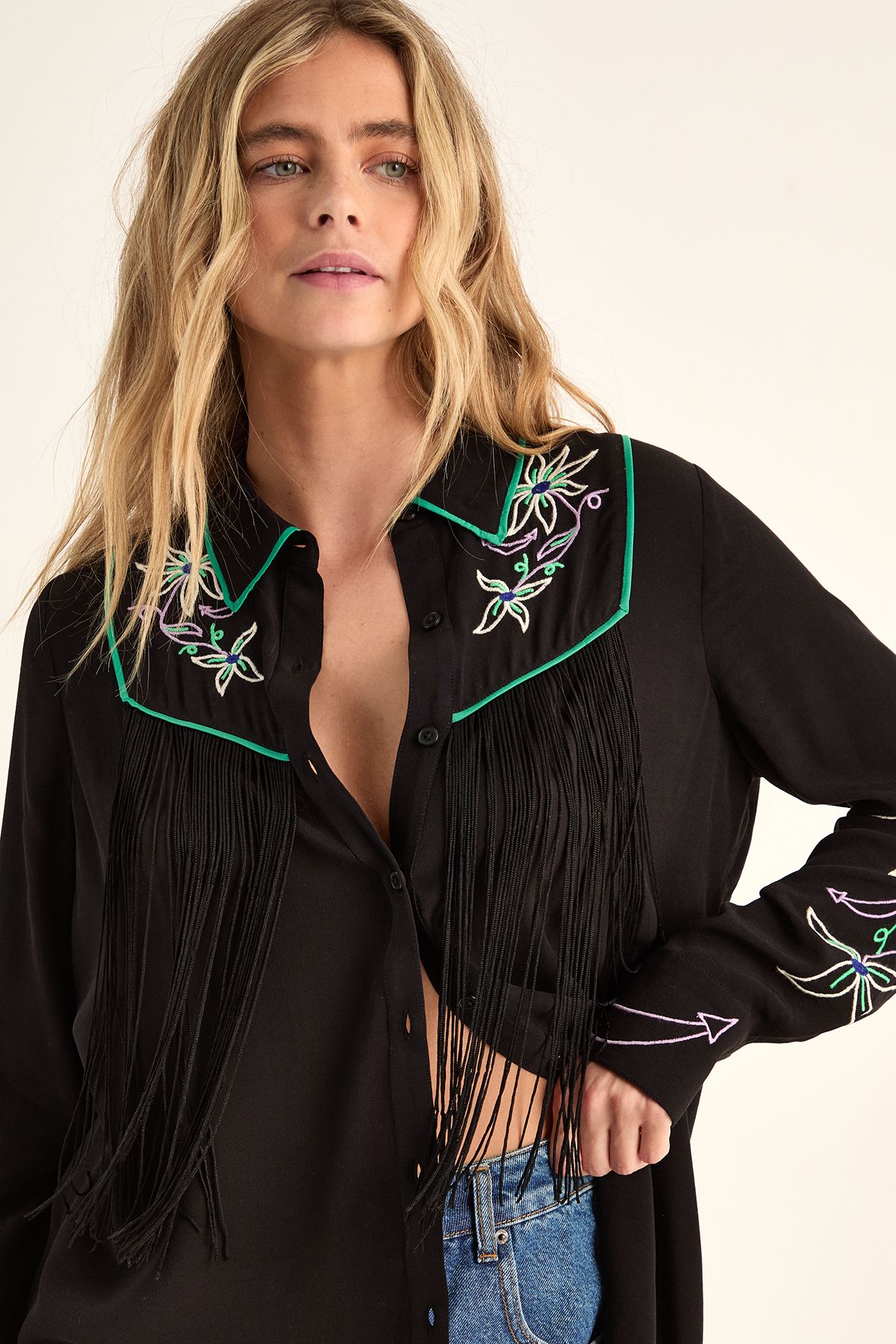 NastyGal Embroidered Fringe Western Shirt Co-ord Black