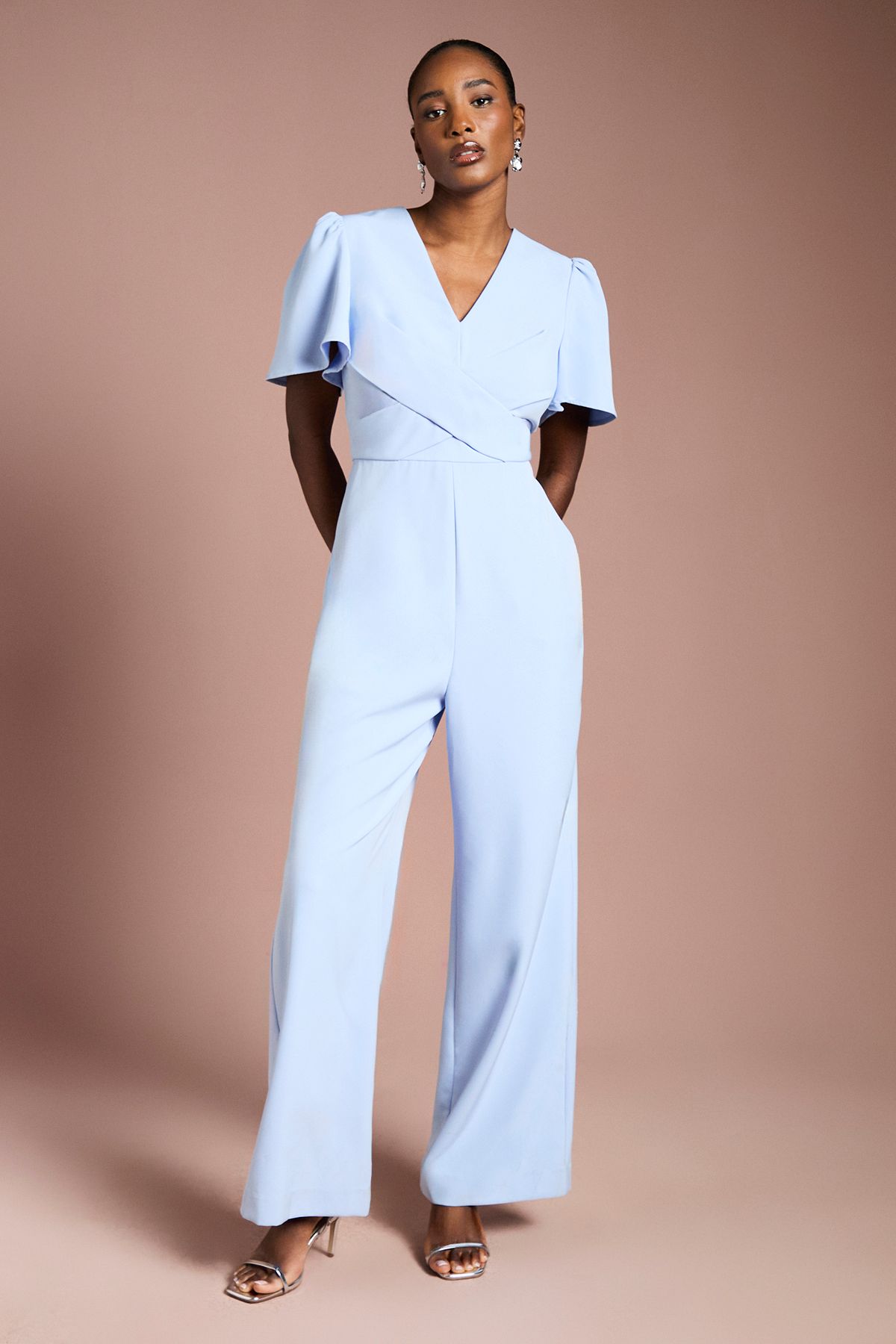 Coast V Neck Short Sleeve Wrap Waist Jumpsuit Cornflower Blue