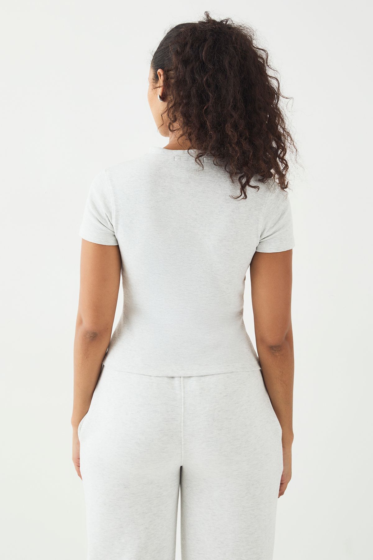 DSGN Studio DSGN Studio Script Embroidery Ribbed Button Through Short Sleeve Top Ash Grey image 2