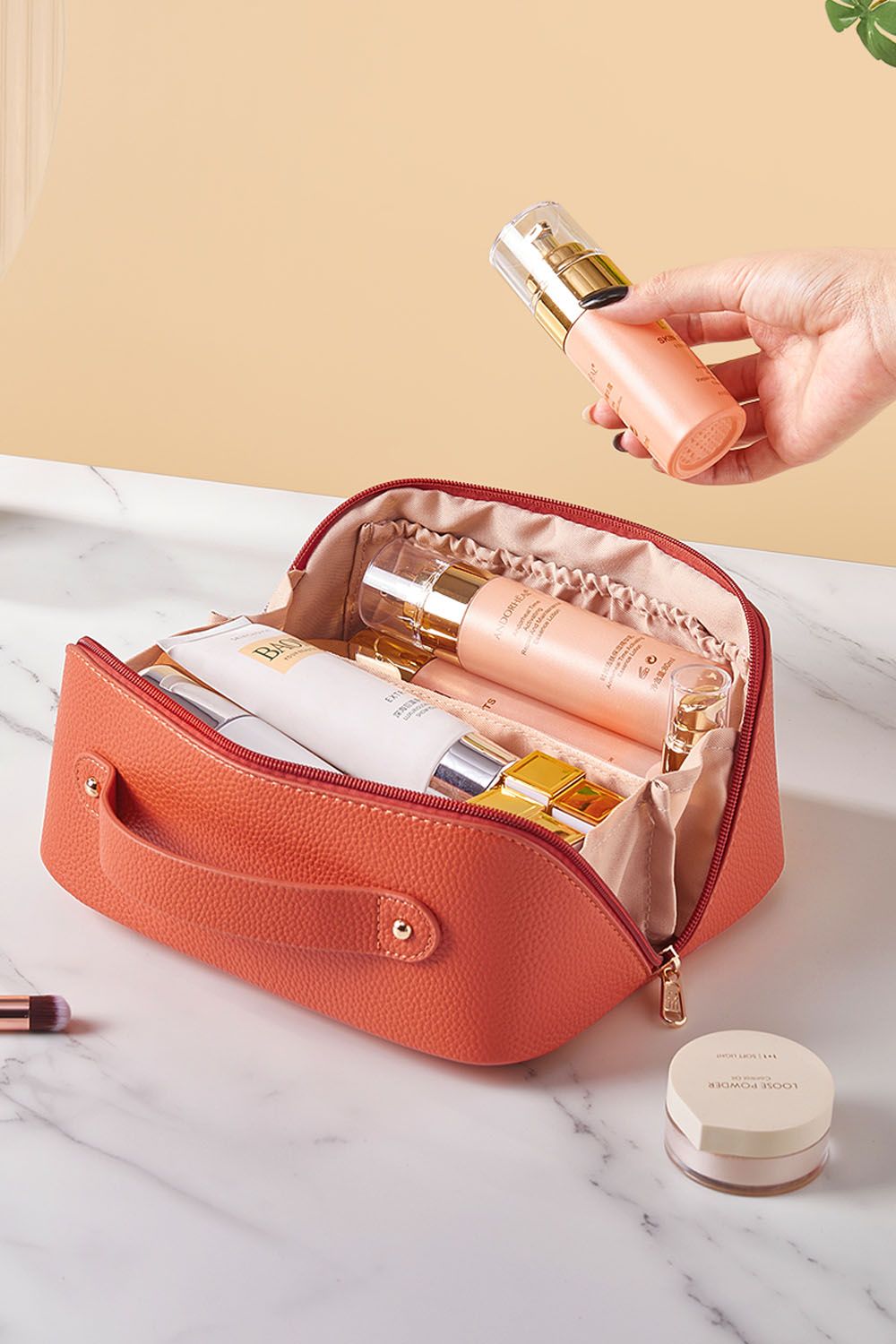 SHEONLY Large Flat Lay Capacity Cosmetic Bag Toiletry Bag Makeup Makeup Storage Wash Bag Travel with Handle and Divider for Women Girls For Home Dormitory image 3