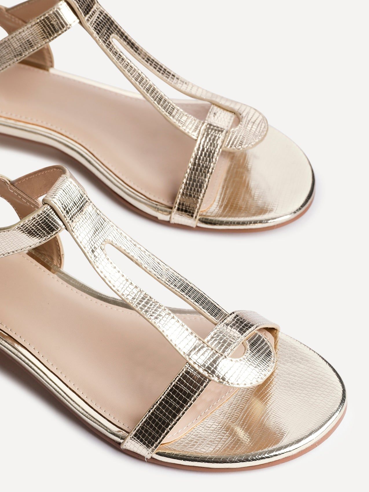 Linzi Deluxe Wide Fit Gold Faux Leather T-Bar Looped Low Heeled Sandal image 4