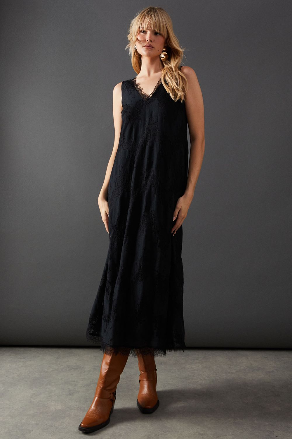 Warehouse Lace Burnout V Neck Trapeze Midi Dress Black image 4